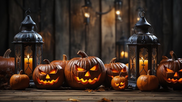 Creepy Pumpkin Lantern with Candlelight on Wooden Background