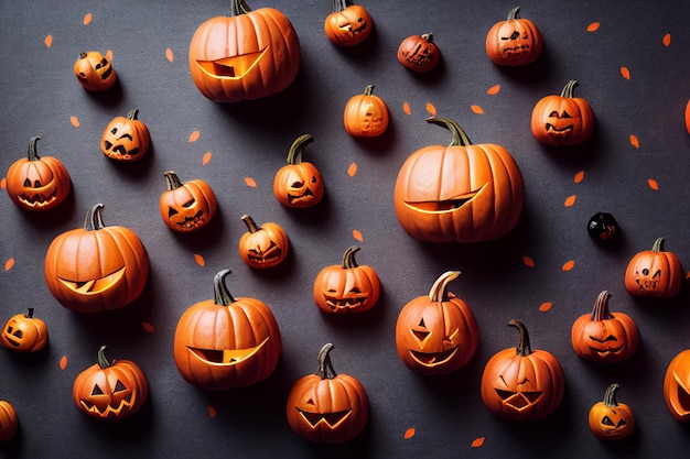 Creepy pumpkins lie on a gray surface Carved faces in orange pumpkins for Halloween