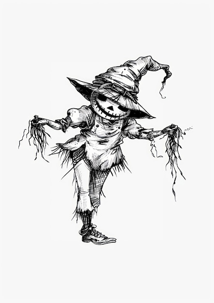 Creepy scarecrow ink drawing