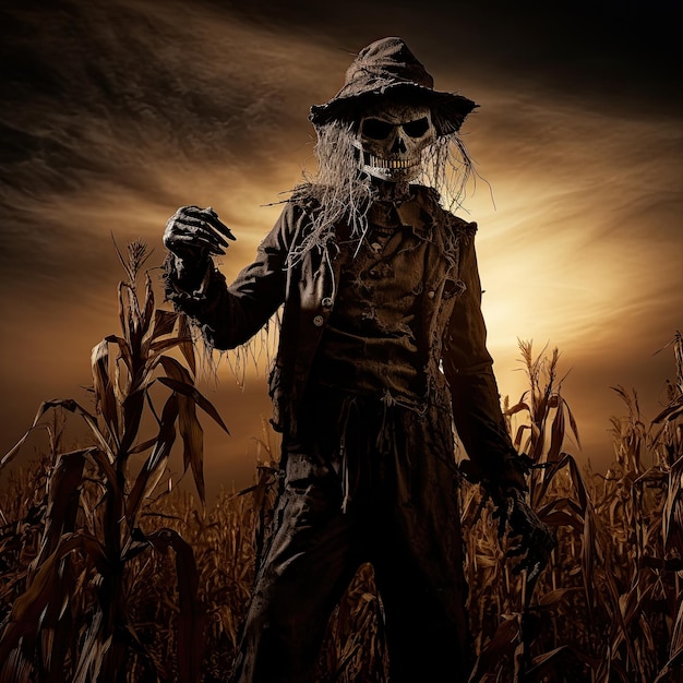 Creepy scarecrow in a moonlit cornfield