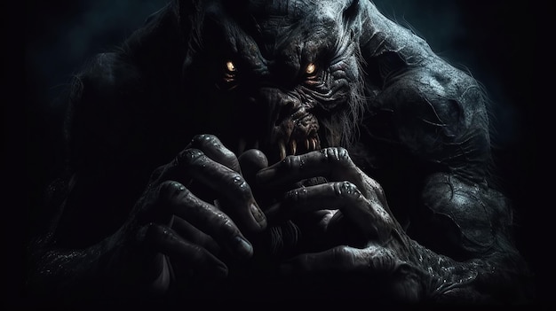 Creepy scary werewolf monster with fangs in dark Generative AI illustration