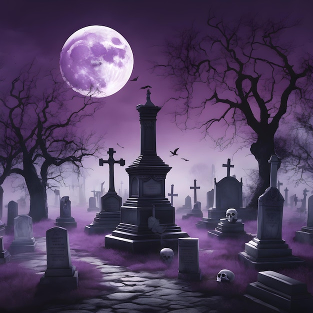 a creepy scenery with a cemetery with purple fog and skull bones over the ground