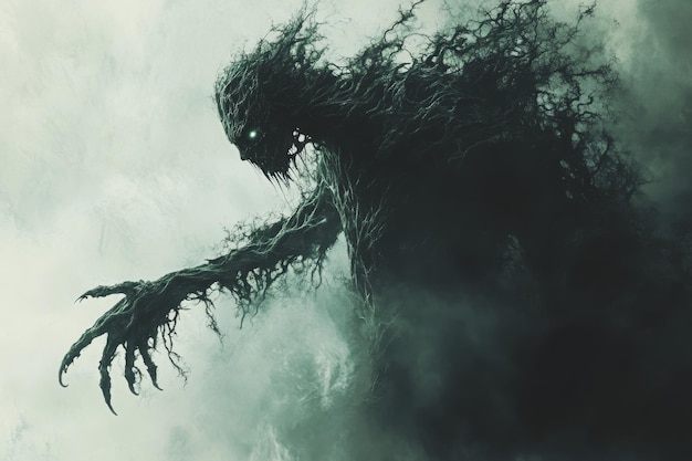 Photo creepy tree monster in fog illustration