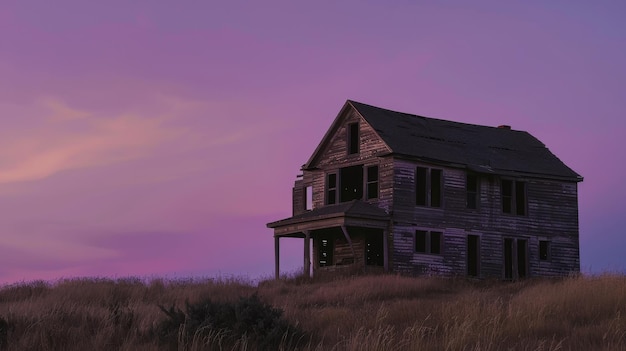 A creepy uninhabitable mansion in a field at twilight suggesting an abandoned and