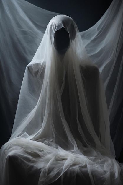 creepy woman inside the white cloth as a halloween ghost in the dark background 10