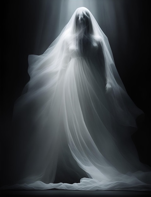 creepy woman inside the white cloth as a halloween ghost in the dark background 12