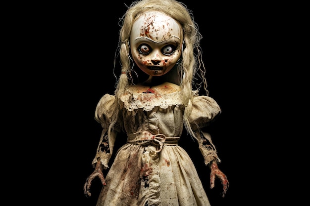 Photo creepy zombie doll isolated on black background halloween theme