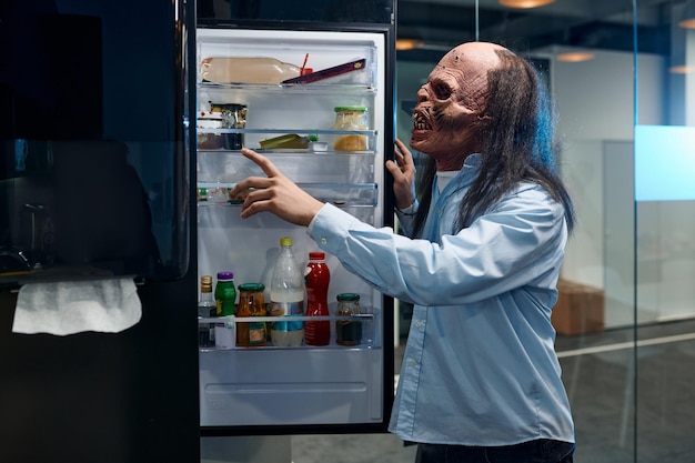 Creepy zombie employee looking for food in fridge