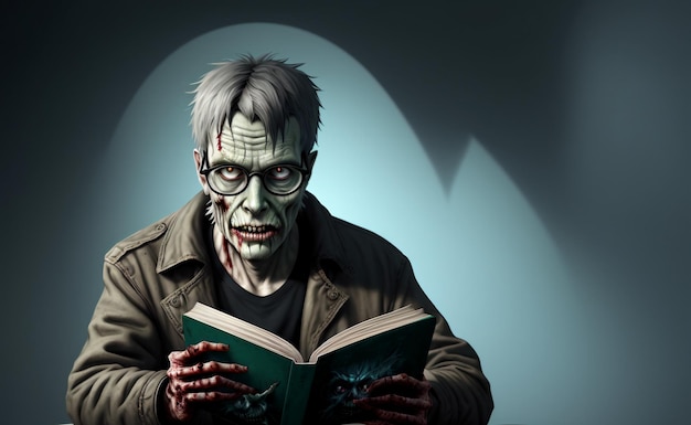 A creepy zombies with glasses reading a book in a dark room Portrait of a zombie man Generative AI