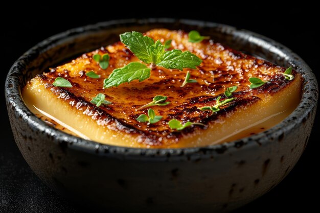 Creme brulee desserts with cream and cane sugar with fresh raspberries and mint leaves