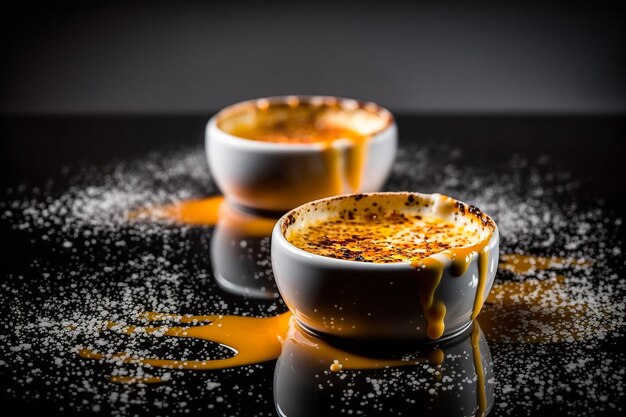 Creme brulee in a white plate french cream illustration Generative AI