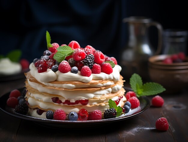 crepe cake layered with cream and berries