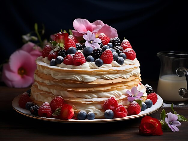 crepe cake layered with cream and berries