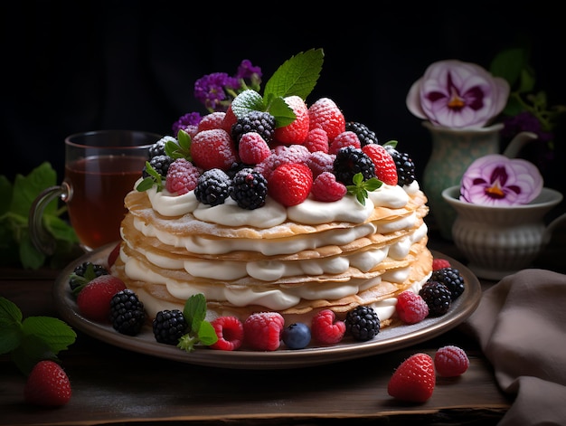 crepe cake layered with cream and berries