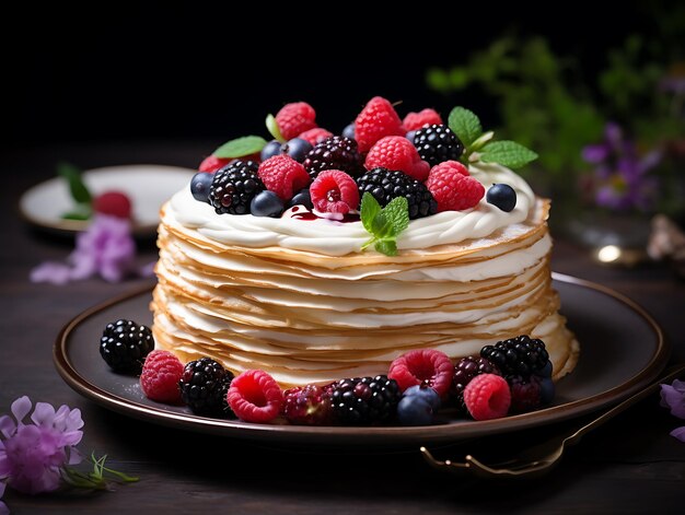 crepe cake layered with cream and berries