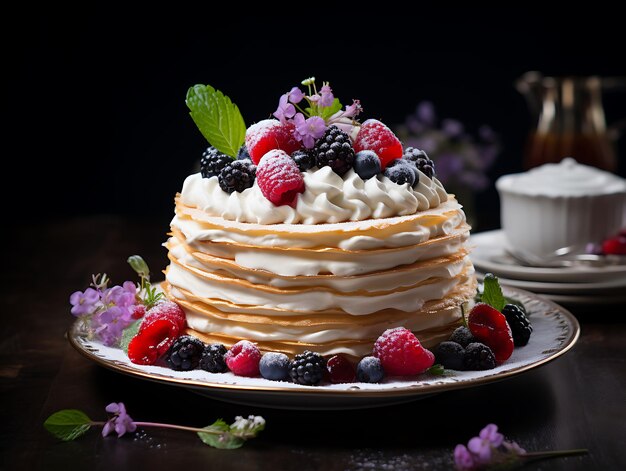 crepe cake layered with cream and berries