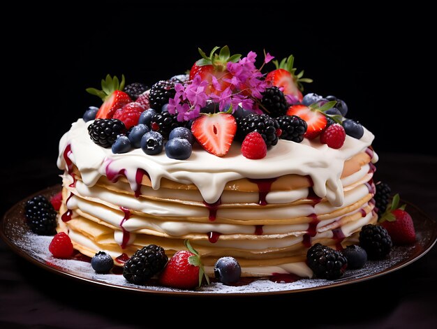 crepe cake layered with cream and berries