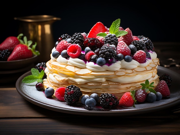 crepe cake layered with cream and berries