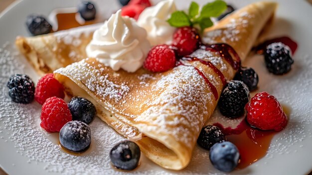 Photo a crepe with whipped cream berries and powdered sugar