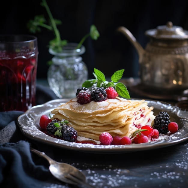 Crepes thin pancakes with jam and fresh berries on vintage plate