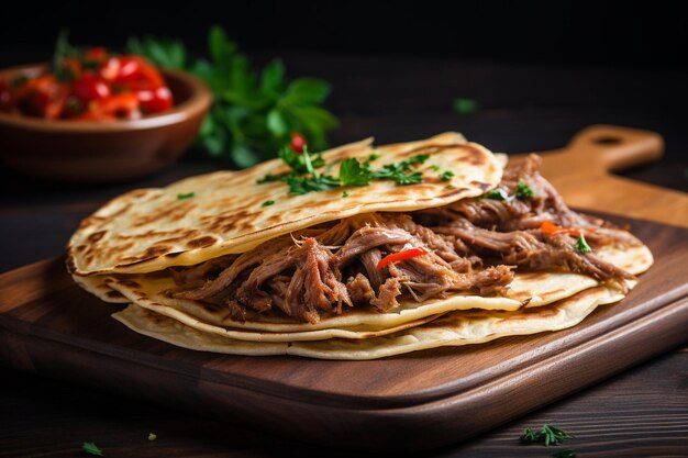 Crepes with meat on wooden board