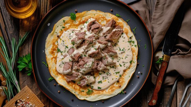 Crepes with shredded beef and cream sauce on a ceramic plate