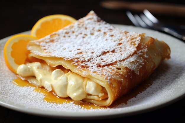 Crepes with strawberry jam and powdered sugar on a black plate A cheesefilled French crepe with a dusting of powdered sugar AI Generated