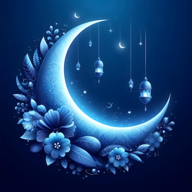 crescent blue moons realistic eid mubarak generative with Ai