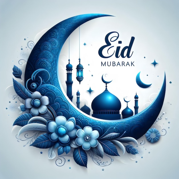 crescent blue moons realistic eid mubarak generative with Ai