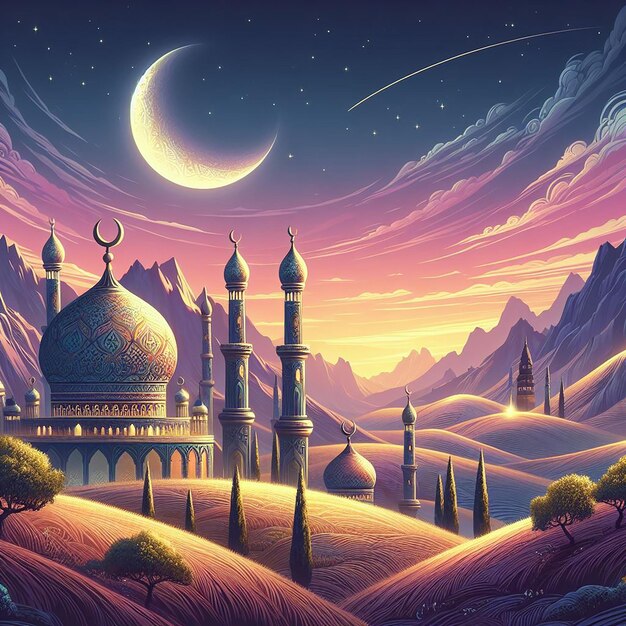 A Crescent Moon Over a Beautiful Landscape Signifying the Start of Ramadan