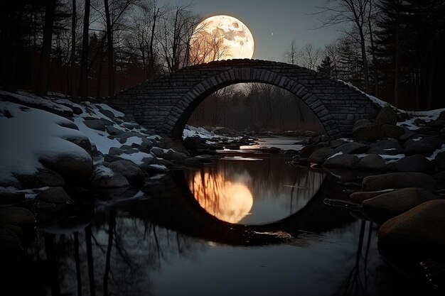 Crescent moon framed by the arches of a stone bridge