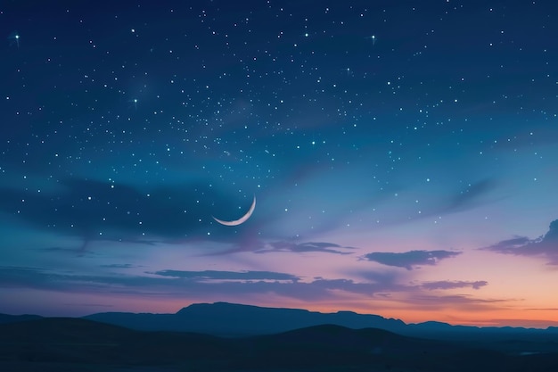 Crescent moon hangs in night sky above mountains creating a calm atmosphere