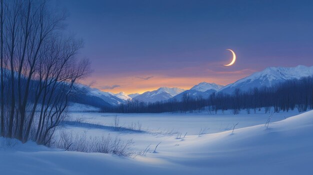 A crescent moon hangs over a snow covered mountain range at dusk