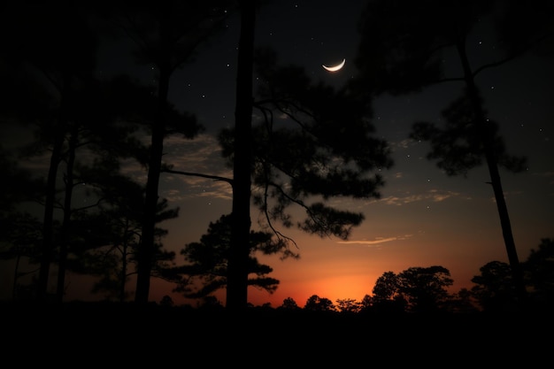 a crescent moon is seen in the sky behind some trees