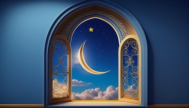 A crescent moon is seen through an open window