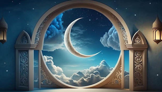 A crescent moon is seen through an open window