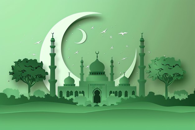 Crescent moon and mosque silhouette on desert landscape illustration Arabic Eid Mubarak