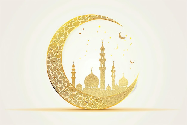 Crescent moon and mosque silhouette on desert landscape illustration Arabic Eid Mubarak