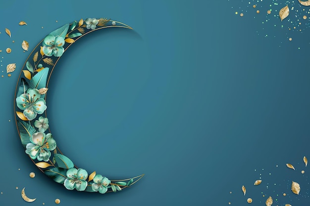 Crescent moon and mosque silhouette on desert landscape illustration Arabic Eid Mubarak