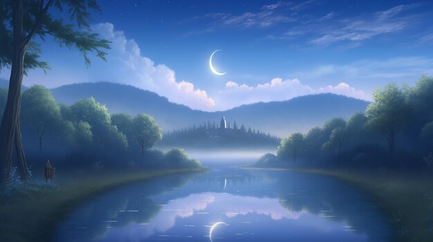 Crescent moon reflecting on a river surrounded by trees and a misty landscape