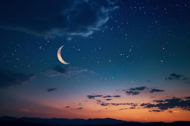 A crescent moon shines in the night sky surrounded by wispy clouds