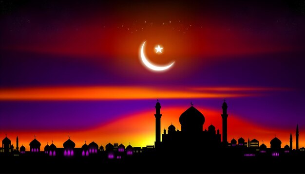 Crescent Moon over Silhouetted Mosque Skyline in a Starry Twilight Illustration for Spiritual Refl