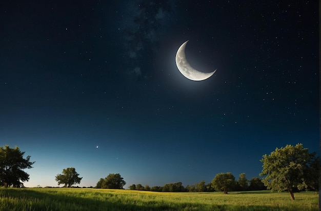 Crescent moon over a tranquil countryside