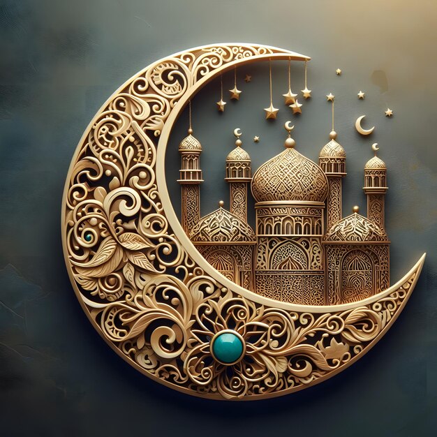 a crescent moon with a blue ball and a mosque on it