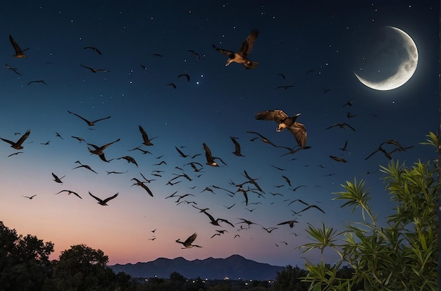 Crescent moon with a flock of birds flying by