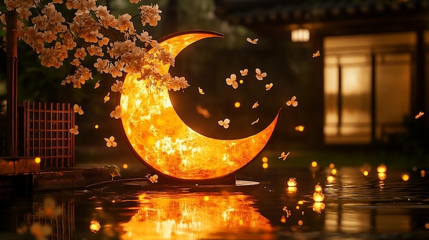 Photo a crescent moon with flowers on it and a crescent moon on the top