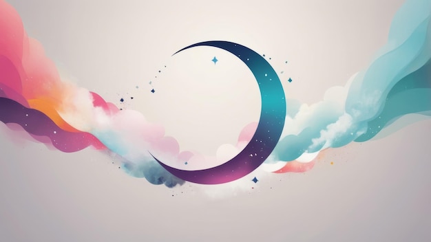 A crescent moon with a galaxylike design hangs in a dreamy sky of swirling clouds and twinkling