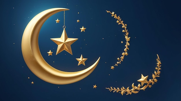 Photo a crescent moon with gold stars and a crescent moon on a blue background