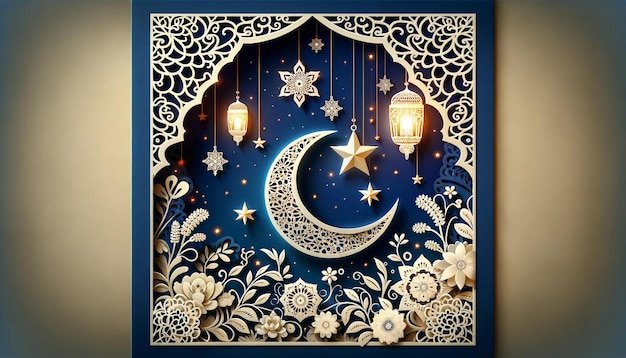 Crescent moon with lanterns in paper cut art style