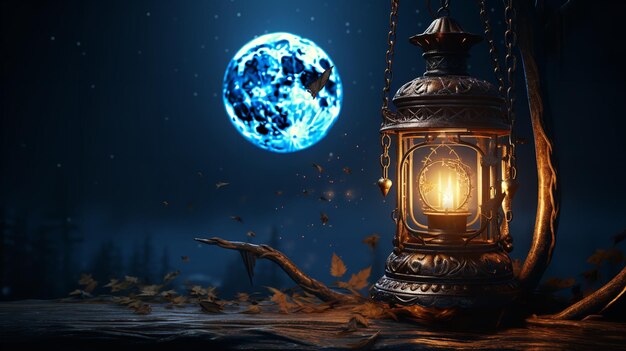 Crescent moon with lit lanterns Ramadan Karim background concept Generative Ai